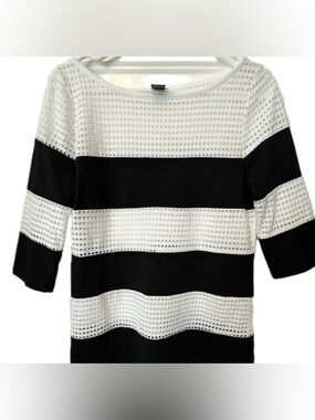 Ann Taylor Factory Black White Striped Open Knit Sweater Medium 3/4 Sleeve